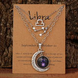 Three-piece zodiac moon glow pendant necklace set with birthstone cards, featuring retro design and ideal birthday gift for friends.