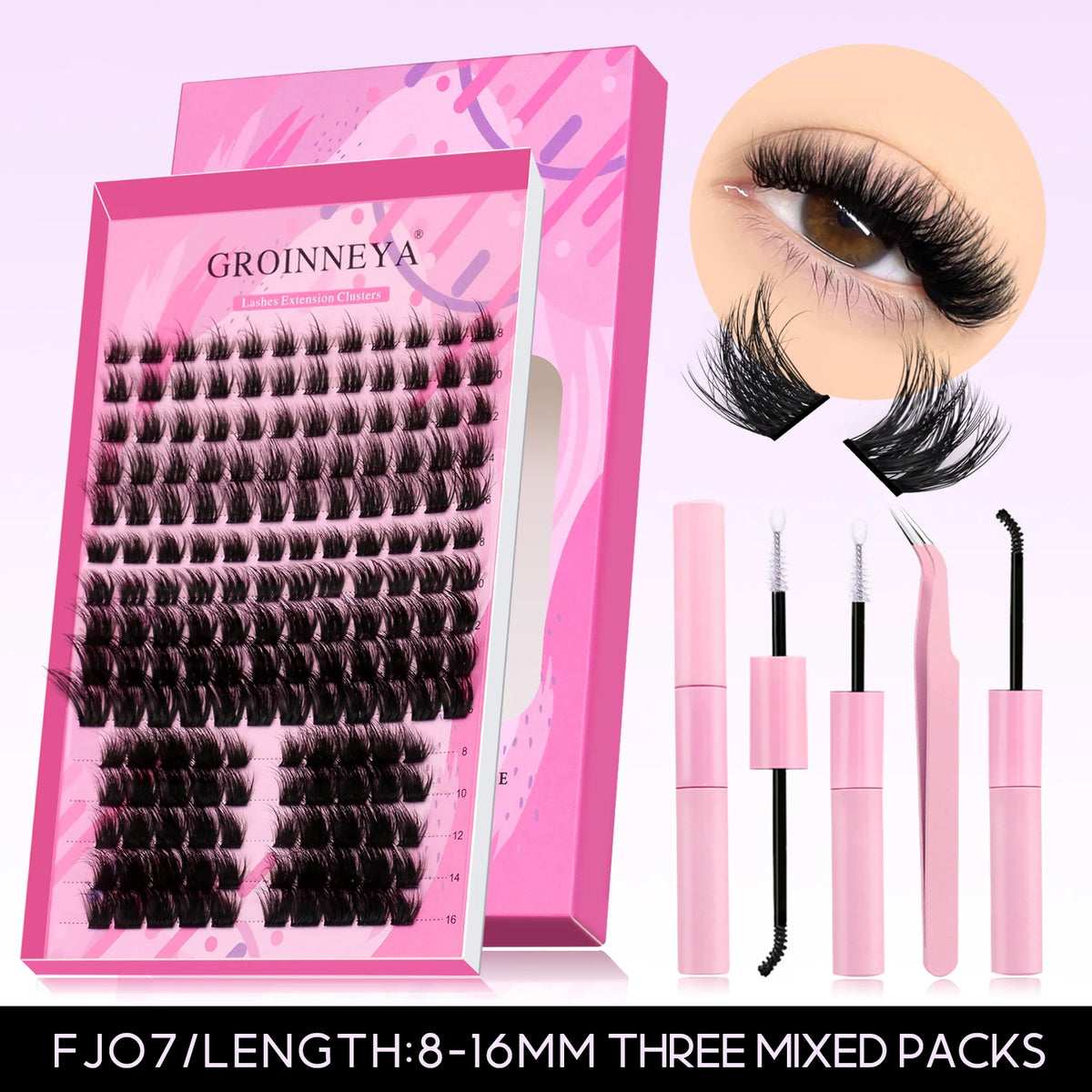 GROINNEYA fluffy 3D mink faux manga lash clusters kit with bond and seal for eye makeup