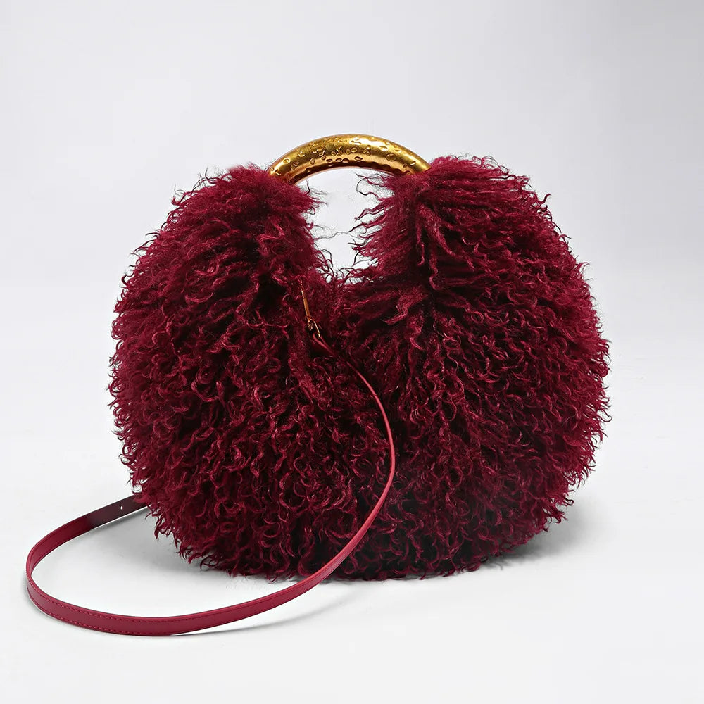 Spice Girl plush women's shoulder bag with a solid color, furry texture, and stylish handle, casual versatile handbag for ladies.