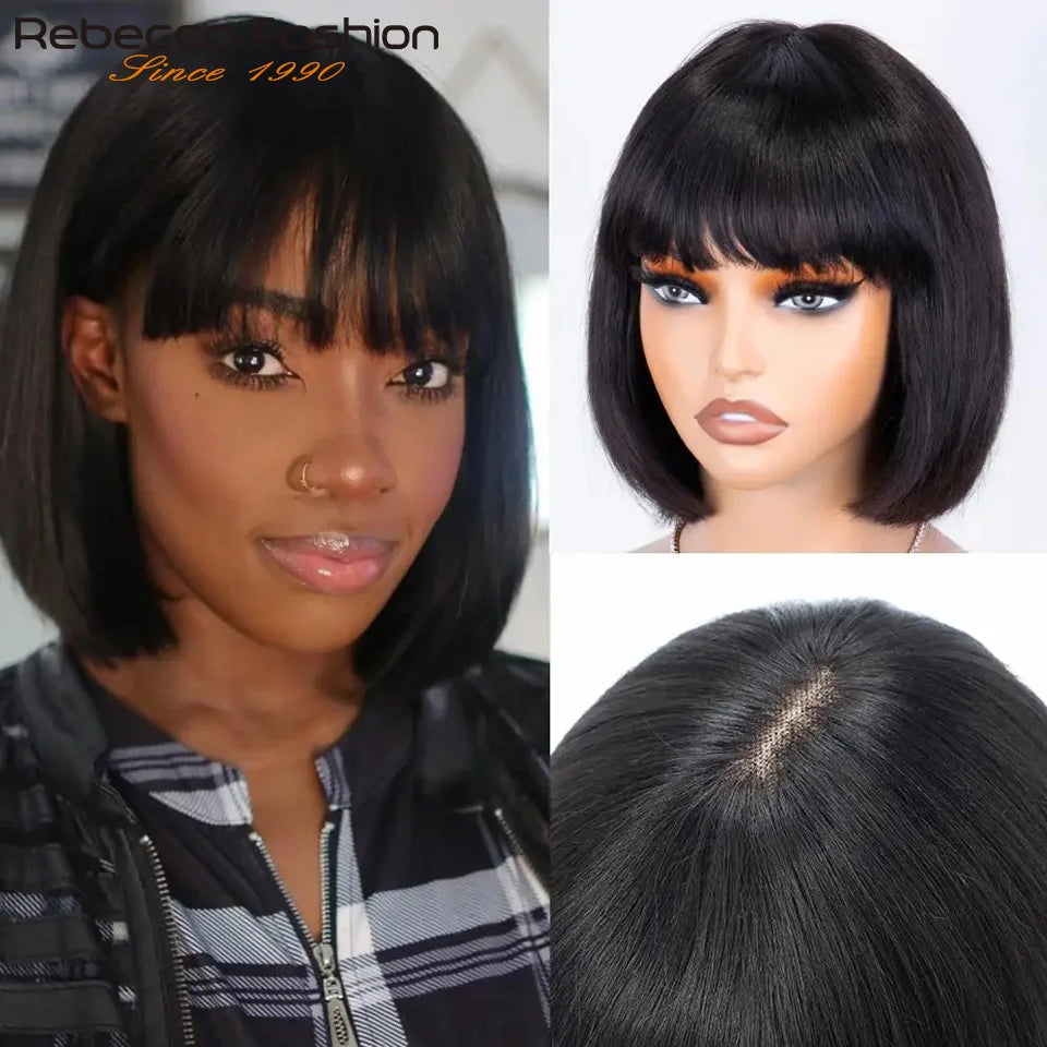 Rebecca human hair wig for women featuring a straight bob style with ombré blonde and brown colors, lace 3x1 part, Brazilian quality