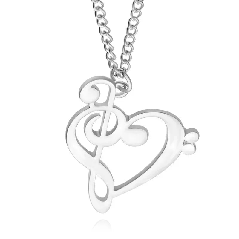Silver music note heart necklace featuring treble and bass clef charms, infinity love pendant, stainless steel jewelry for women