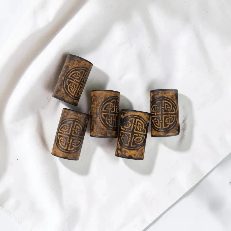 Viking hair beads for braids with Celtic knot leather hair cuff in brown and gold tones