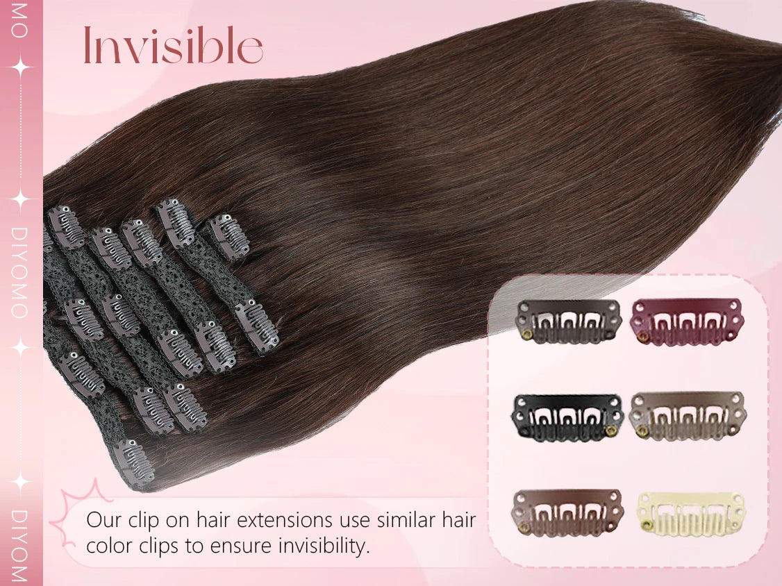 Natural black straight human hair clip-in extensions set of 7 PU invisible wefts, 116g lightweight HSF Marketplace