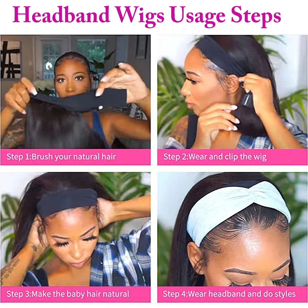 HSF Marketplace 220% human hair bob headband wig for women, short straight half wig, no glue needed