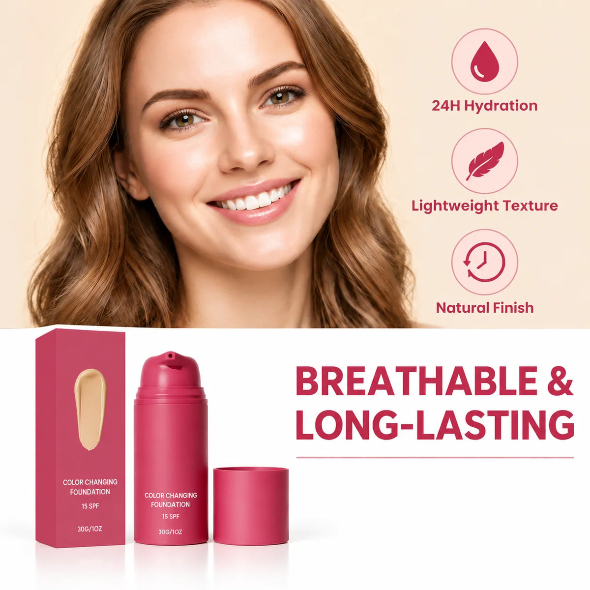 HSF color changing liquid foundation with adaptive skin tone, lightweight hydrating formula and natural finish