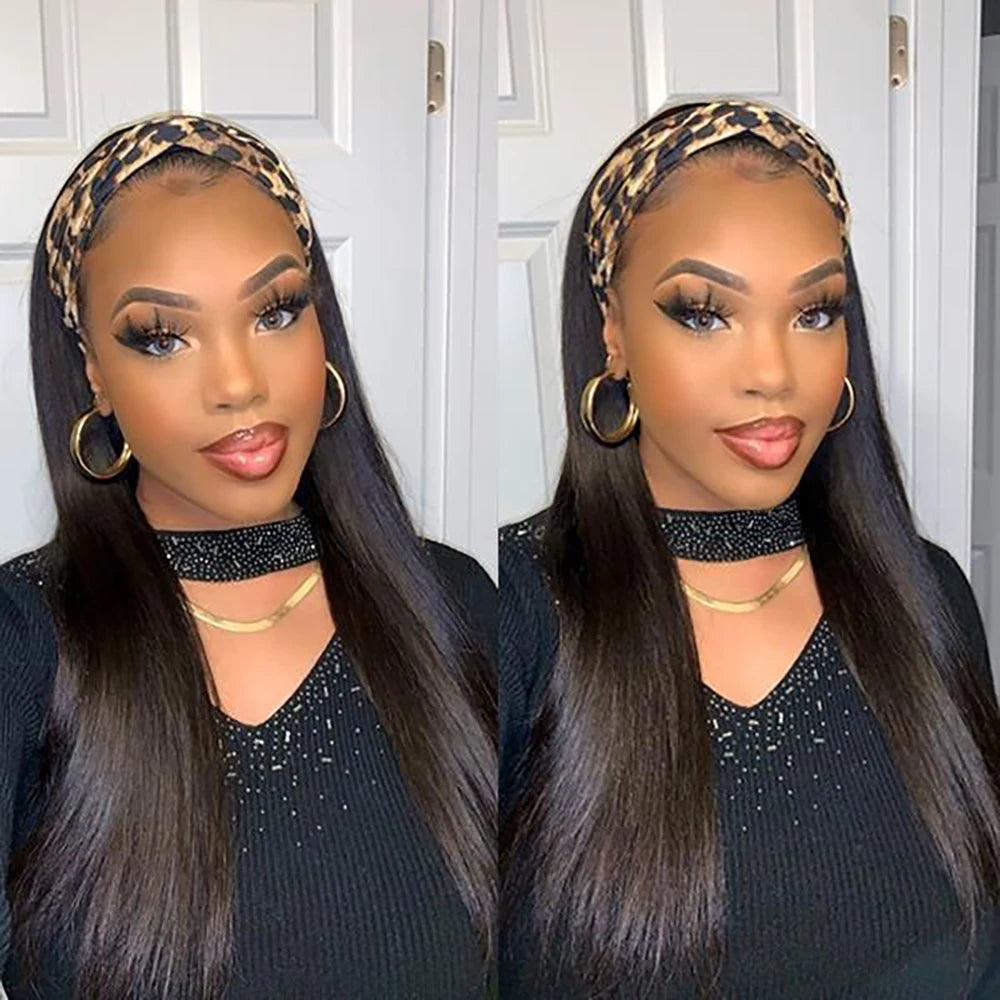 Bone straight Peruvian human hair headband wig, full machine-made 180% density for Black women