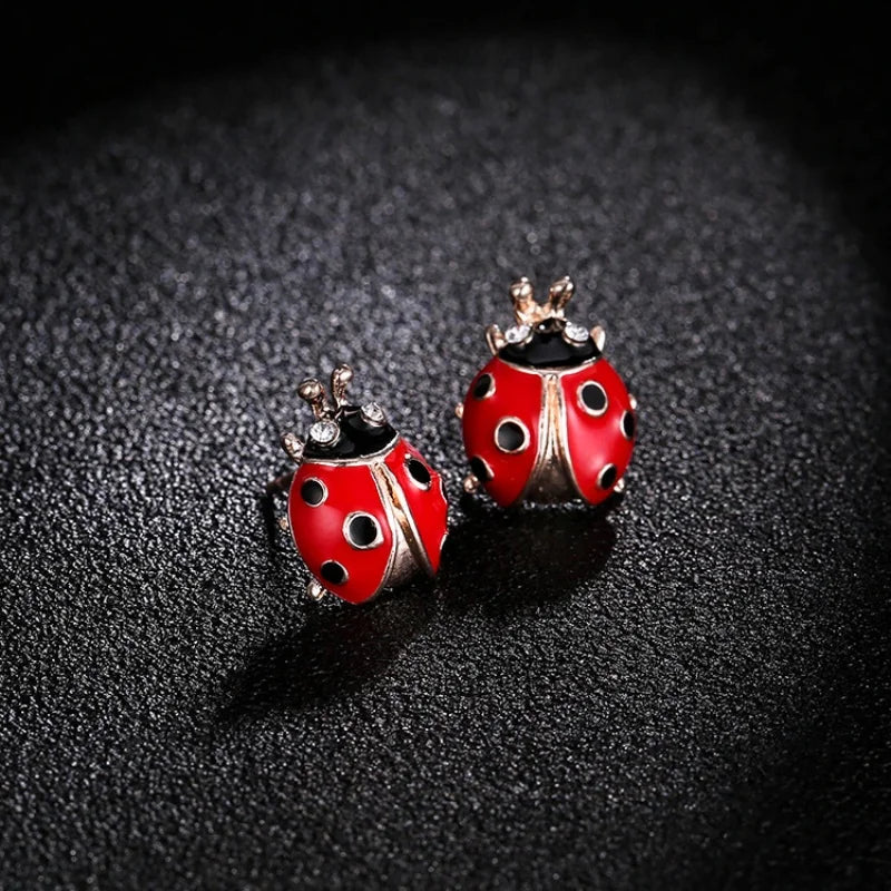 Cute ladybug stud earrings with rhinestones for women, red and black jewelry design