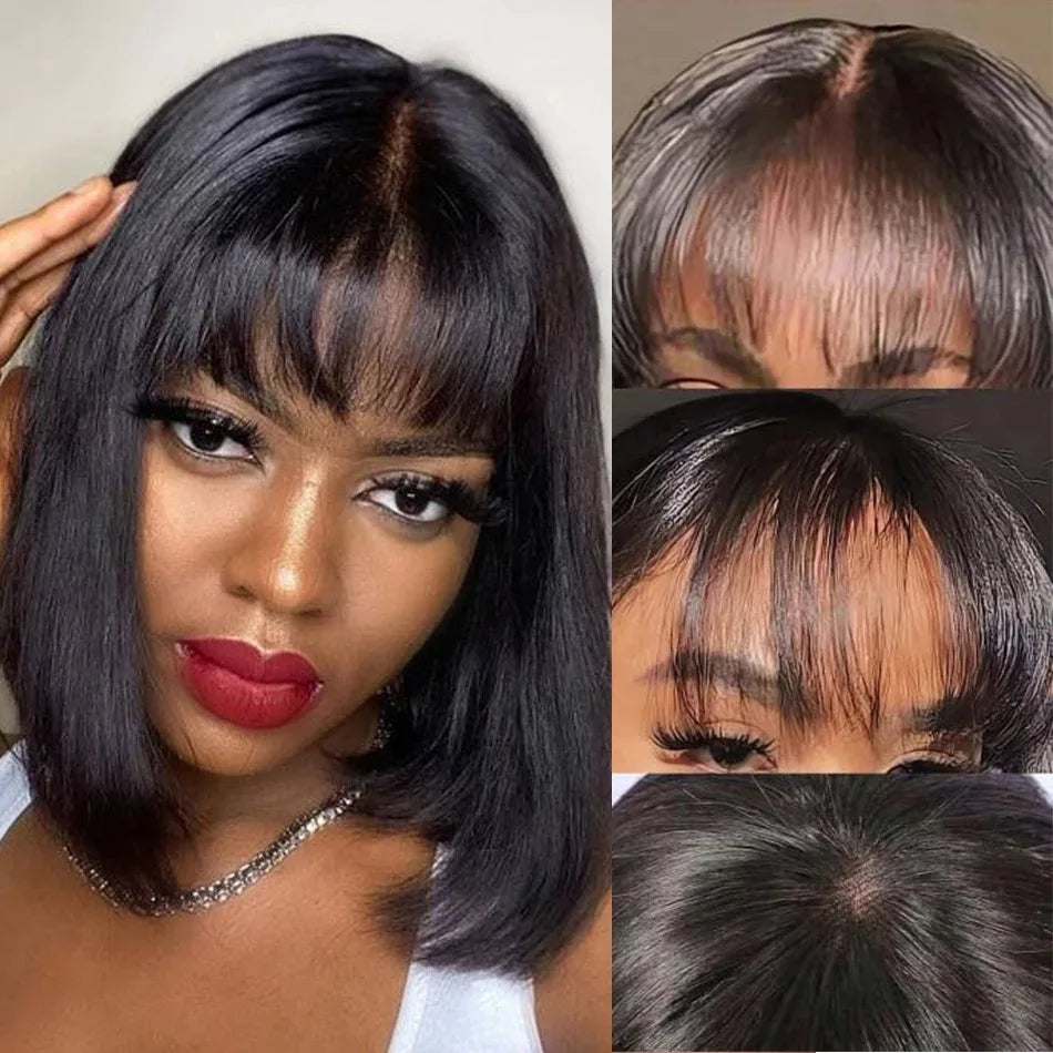 Short straight bob human hair wig with bangs, 3x1 lace middle part, full machine-made natural black wig