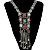 Multi Layer Colorful Turquoise Gemstone Bell Tassel Necklace Retro Ethnic Bib Long Geometry Pendant Collar Gypsy India Jewelry