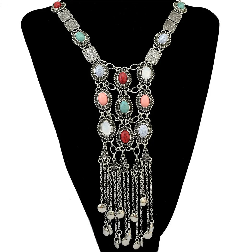 Multi Layer Colorful Turquoise Gemstone Bell Tassel Necklace Retro Ethnic Bib Long Geometry Pendant Collar Gypsy India Jewelry