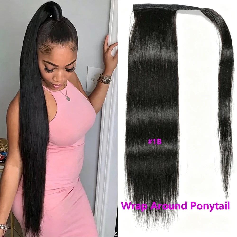 Straight Velcro ponytail human hair extensions, Brazilian Remy clip-in, natural color for women