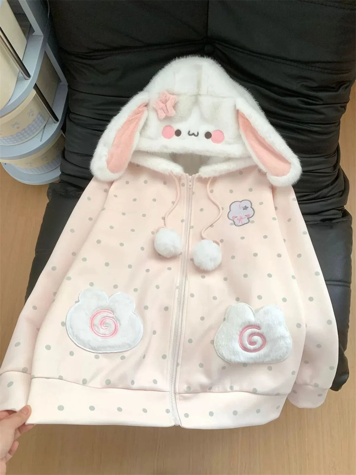Kawaii rabbit ear zip-up hoodie for women, plush and cozy design, HSF Marketplace K-culture merch