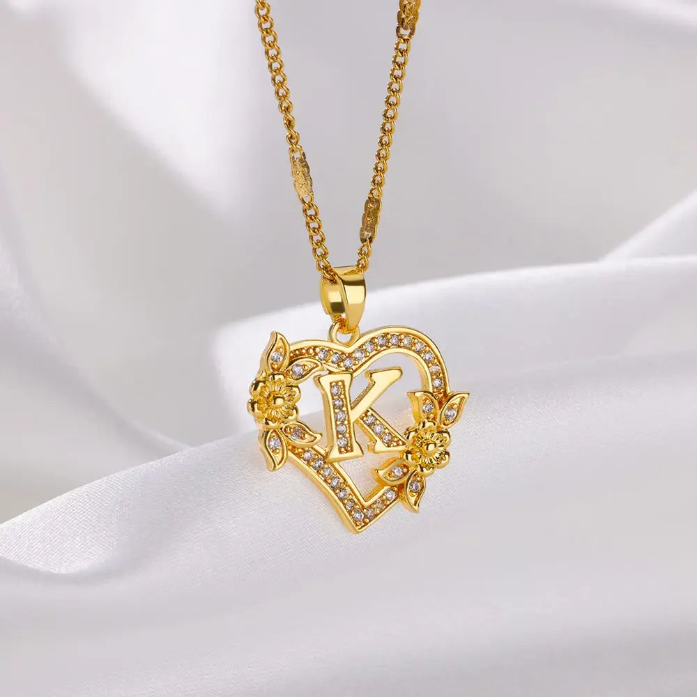 Gold heart initial letter necklace for women with stainless steel chain featuring A-Z alphabet pendant, birthday jewelry gift