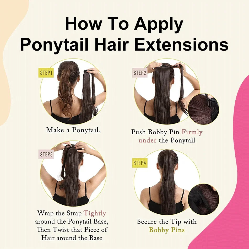 Straight Brazilian Remy human hair wrap-around ponytail extension with clip-in attachment, 12–28 inch lengths