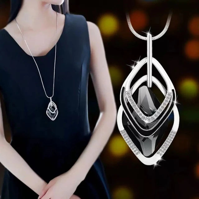 Long geometric chain necklace for women with pendant, stylish maxi jewelry by HSF Marketplace, fashion statement accessory.