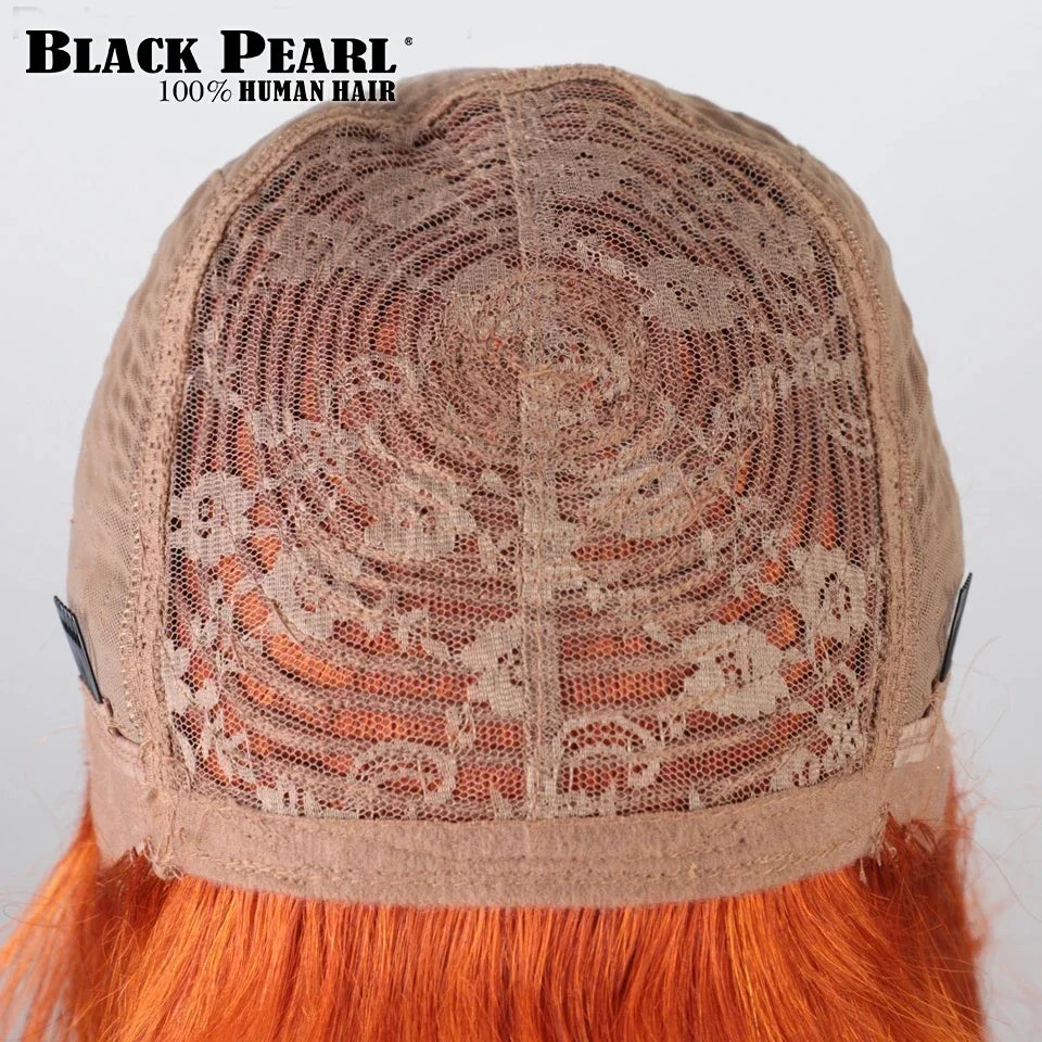 99J Brazilian human hair straight bob wig with bangs, short machine-made cut in orange blonde and red by Rebecca