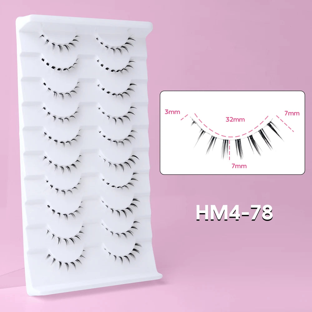 10 pairs of HSF Marketplace false manga bottom eyelashes with clear bands, wispy small flame design for Korean makeup and cosplay.