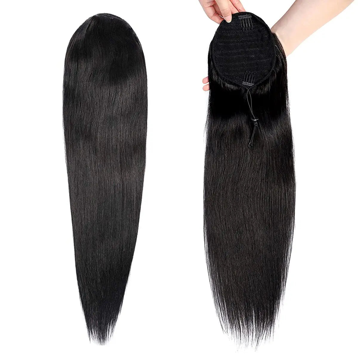 Kinky curly human hair drawstring ponytail extensions in natural black for women, 3B 3C curls