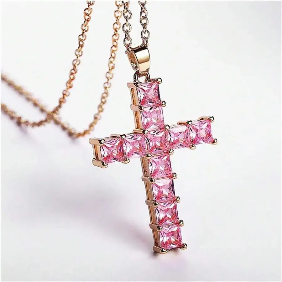 Gold multi-color crystal Jesus cross pendant necklace for women, stylish jewelry with a religious pendant, perfect for leisure and parties.