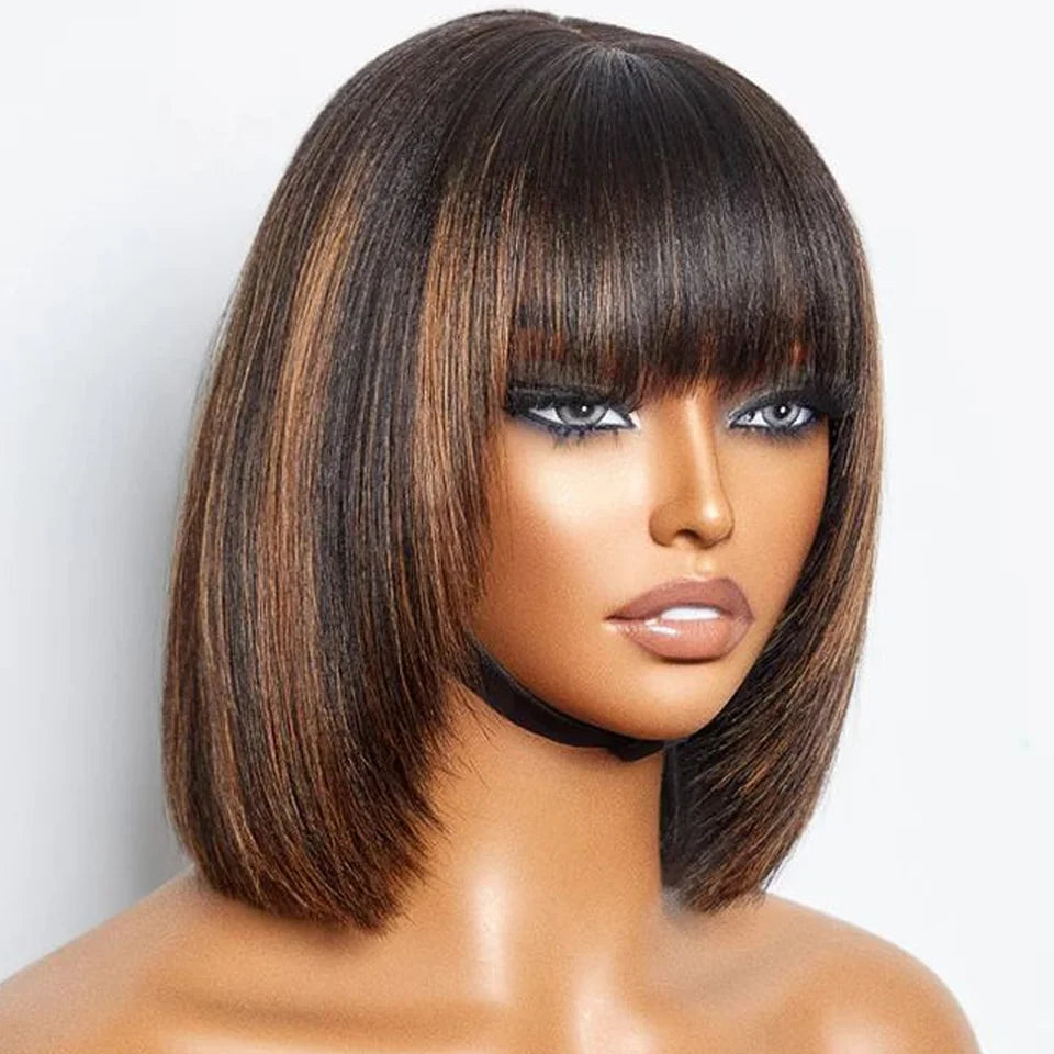 Highlighted short bob wig with bangs, straight Brazilian Remy human hair, lace glueless design, 8-14 inches, for women.