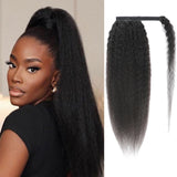 Kinky straight wrap-around human hair ponytail with clips, Yaki texture, natural black finish