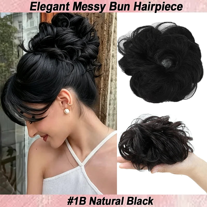 Elegant messy bun hairpiece with natural curly waves, fluffy texture, and elastic ponytail extension for women
