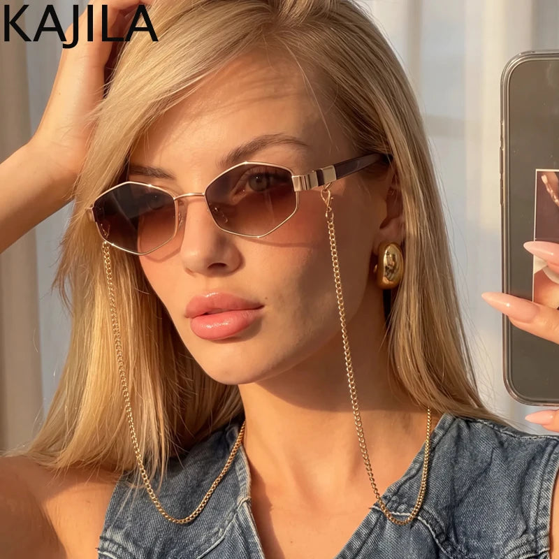Small frame hexagon sunglasses for women with chain, stylish designer sun shades by HSF Marketplace, luxury punk fashion accessory.
