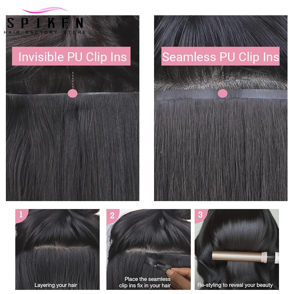 Chocolate brown straight human hair clip-in extensions, 7-piece invisible PU clip set, 100-120g Remy hair