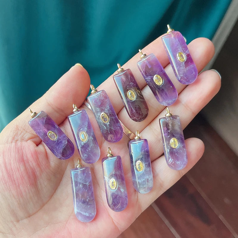 Jade, agate, amethyst, amazonite, water grass, and lapis lazuli charm pendant in 18K gold plating, suitable for necklace making.