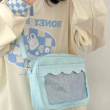 Japanese Harajuku Ita Bag for women, transparent PU bag with pockets, crossbody style, ideal for high school uniforms.