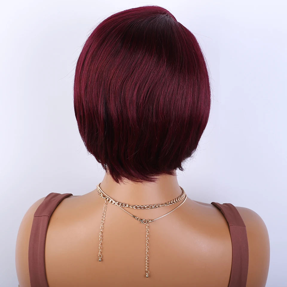 Straight burgundy human hair bob wig with side part, glueless design, short length, worn by a model for a natural, sleek look.