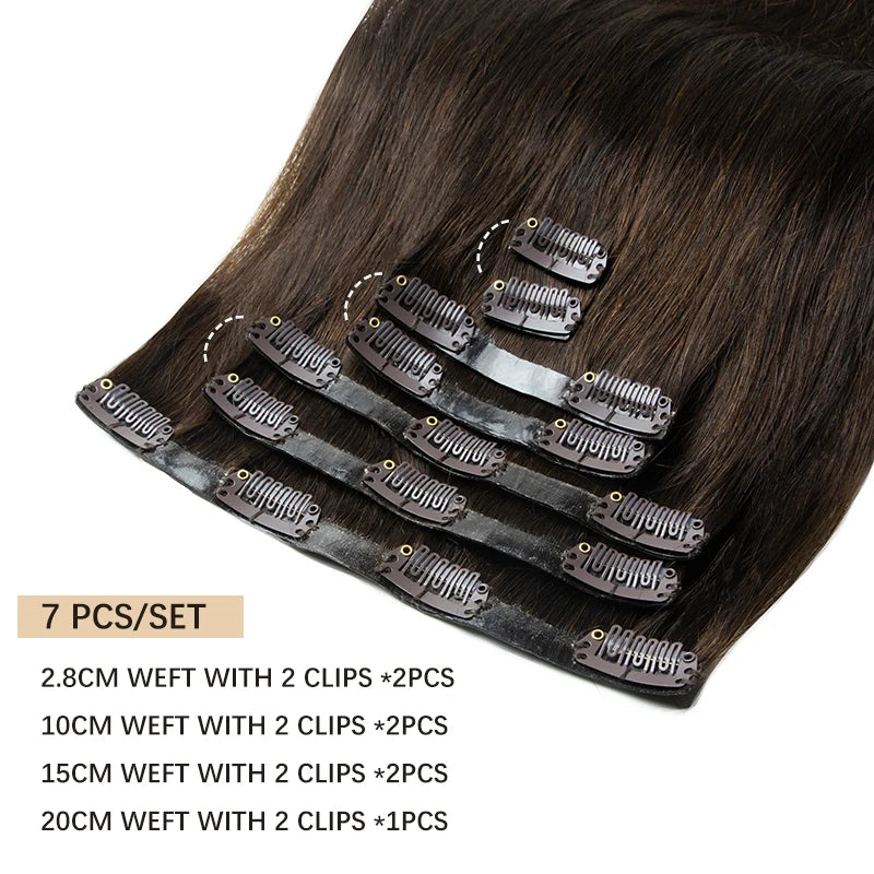 HSF Marketplace invisible PU clip-in human hair extensions, 7-piece set with injected PU tape weft, 12–24 inch