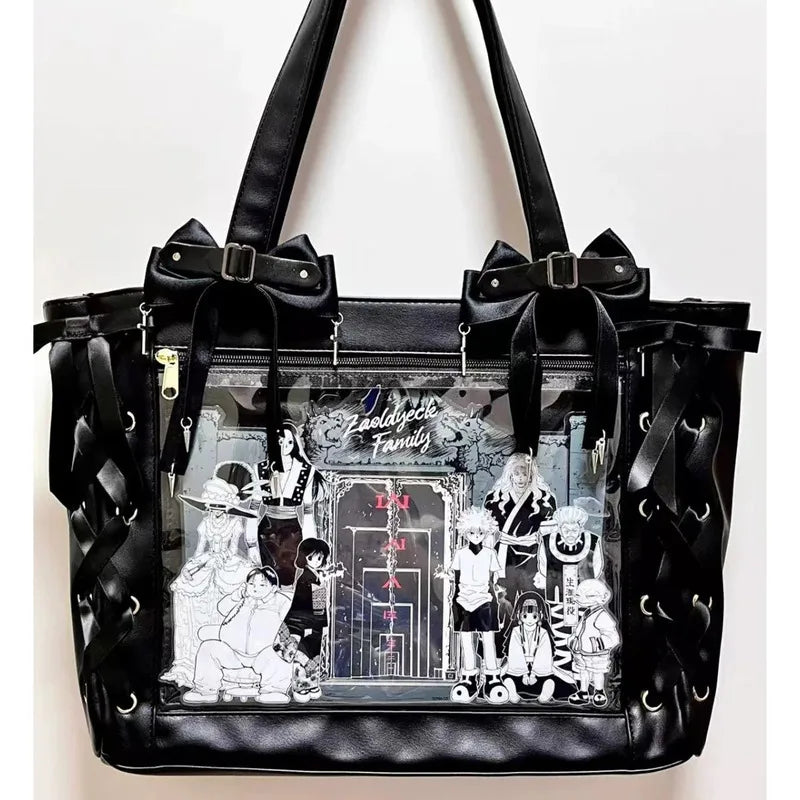 Cute Japanese ribbon ita bag, aesthetic transparent tote handbag for girls with clear display window