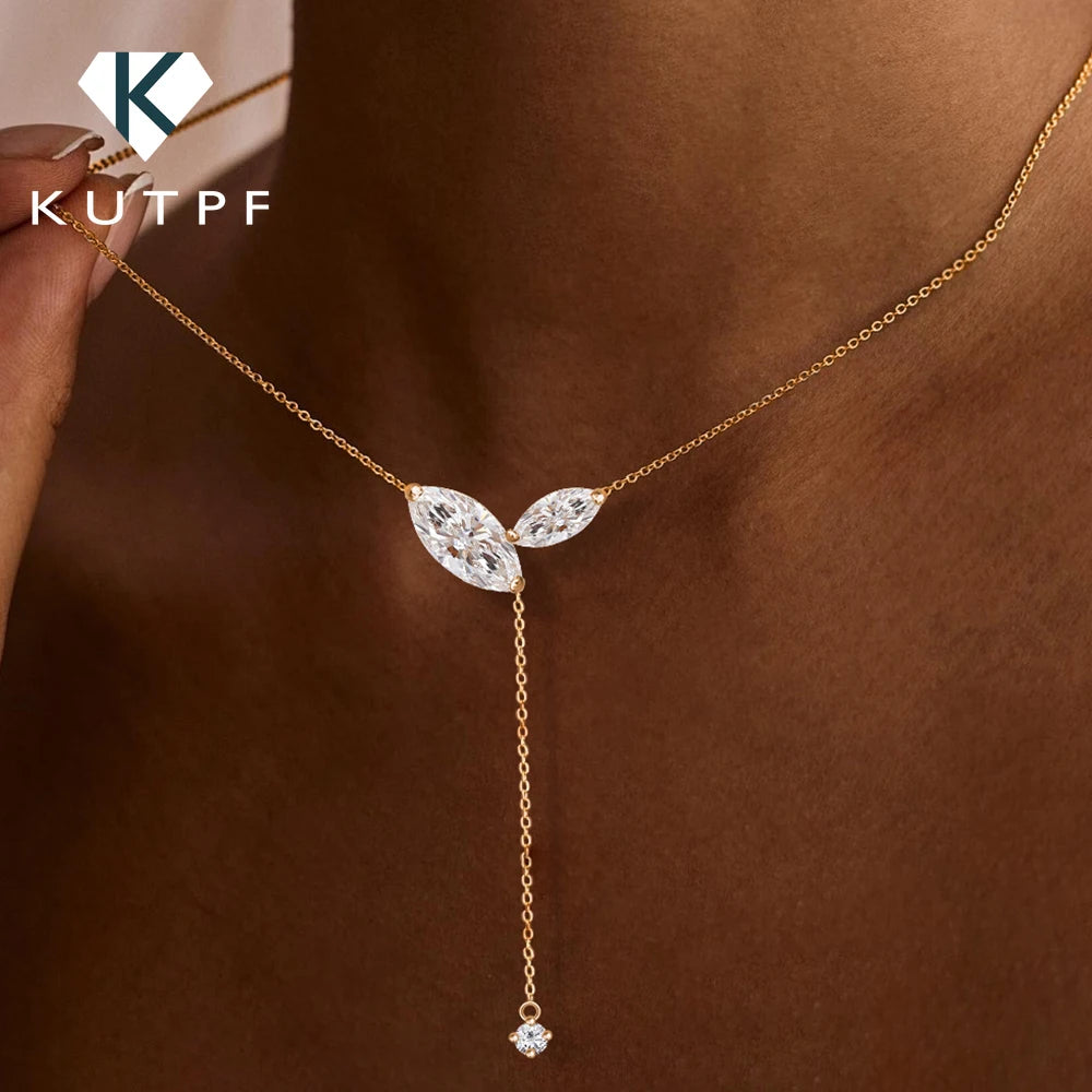 Marquise cut moissanite lariat pendant necklace with S925 silver, 4cttw lab diamond, Y-style long tassel chain for women