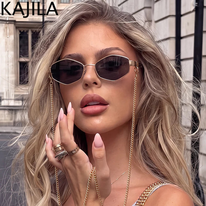 Luxury HSF Marketplace small hexagon sunglasses for women with chain, designer punk style, stylish sun shades for ladies.