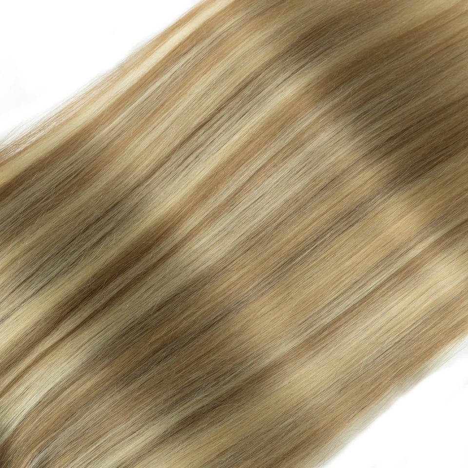 Seven-piece set of HSF Marketplace straight human hair clip-in extensions in 16-24 inches, double weft, natural appearance.