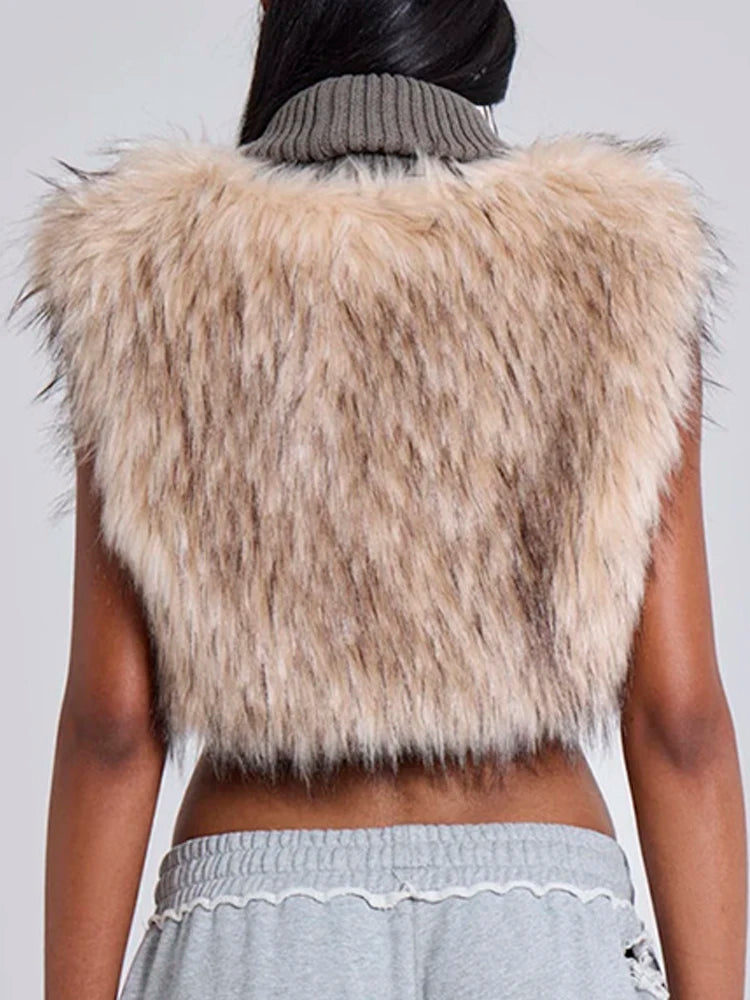 Women's fluffy faux fur knitted sleeveless cropped vest by HSF Marketplace in a furry cropped waistcoat style