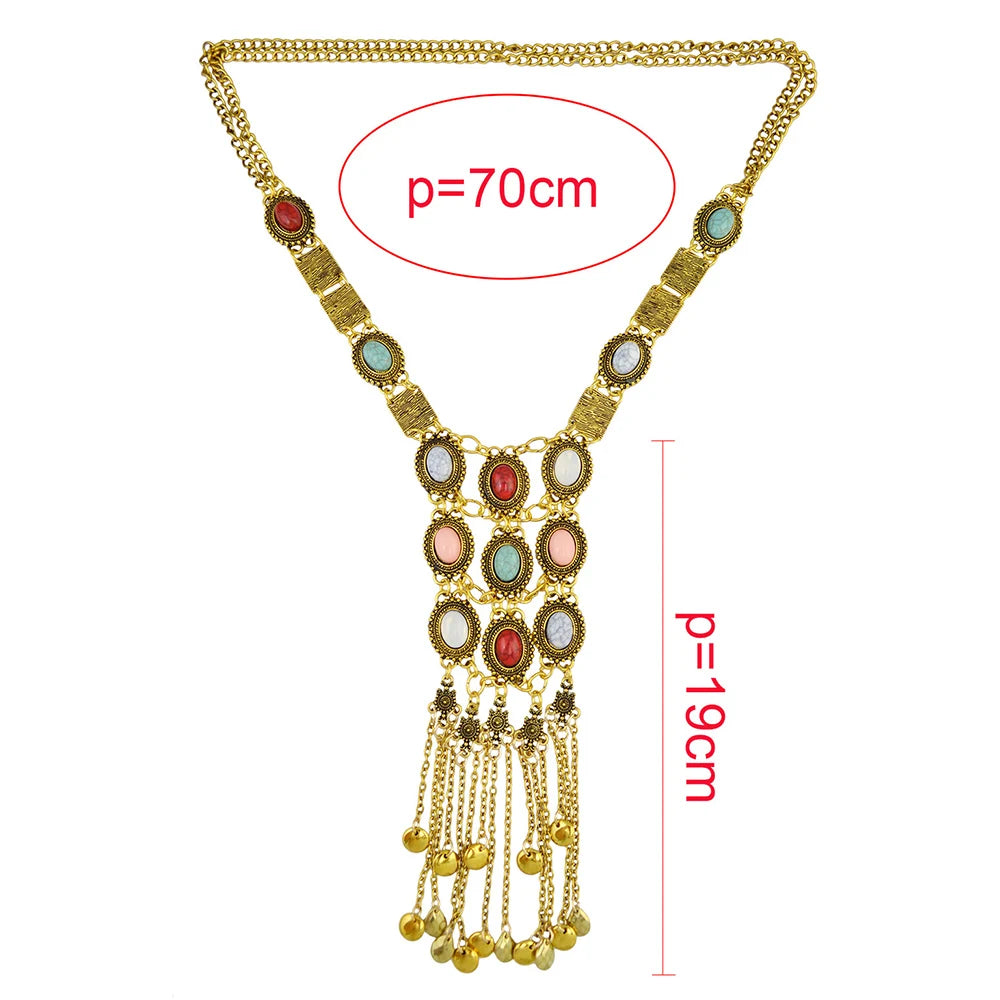 Multi Layer Colorful Turquoise Gemstone Bell Tassel Necklace Retro Ethnic Bib Long Geometry Pendant Collar Gypsy India Jewelry