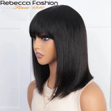 Rebecca Natural Black 99J orange straight bob human hair wig with bangs, full machine-made daily wig by HSF Marketplace
