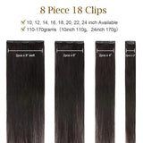 Brazilian Remy virgin human hair clip-in extensions, 8-piece straight set in natural black, 120g full head drape