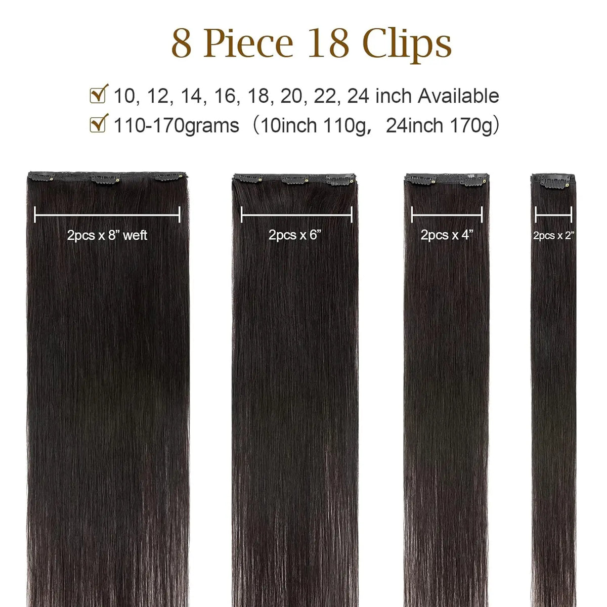 Brazilian Remy virgin human hair clip-in extensions, 8-piece straight set in natural black, 120g full head drape