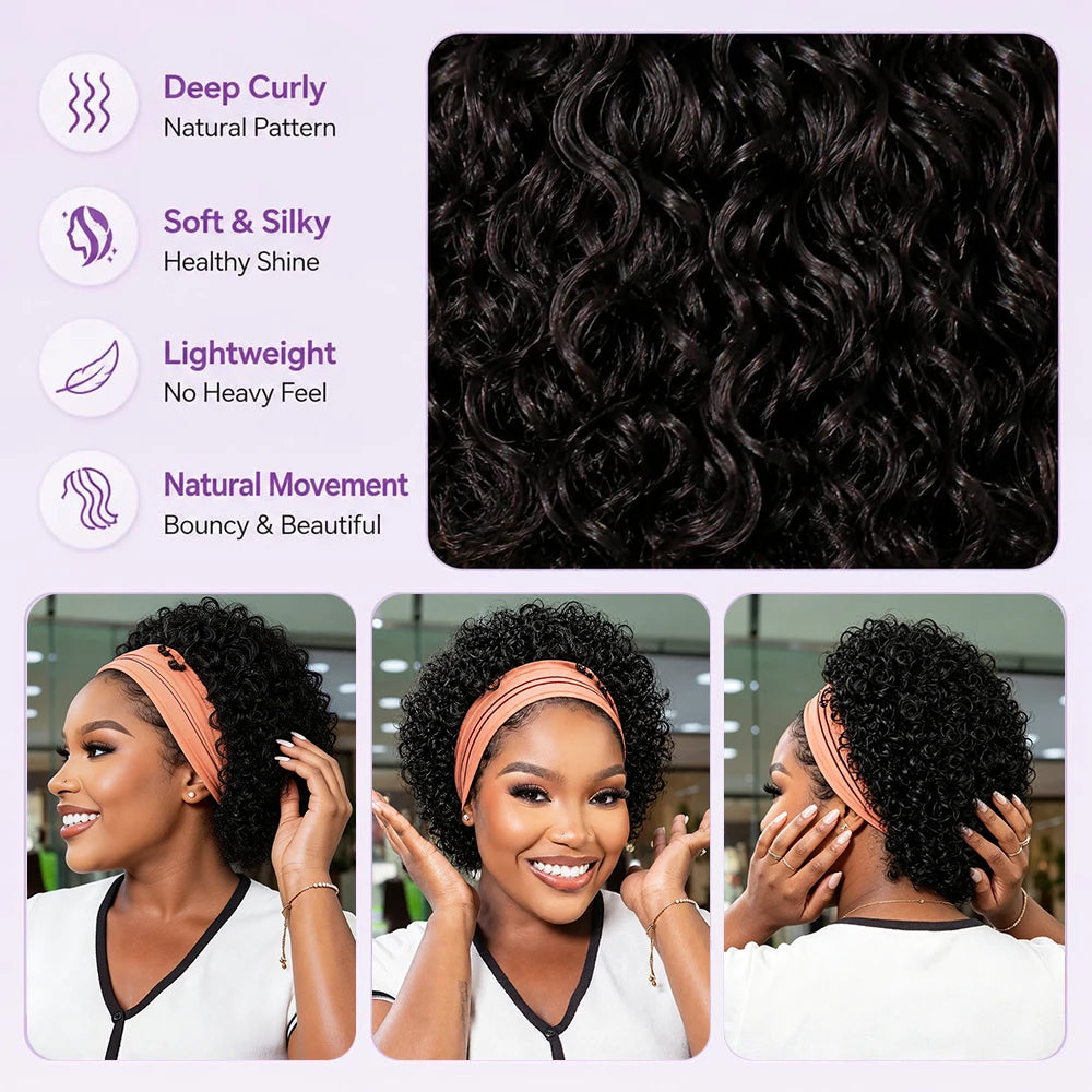 HSF Marketplace short headband wig, curly pixie cut Brazilian Remy human hair with water wave texture