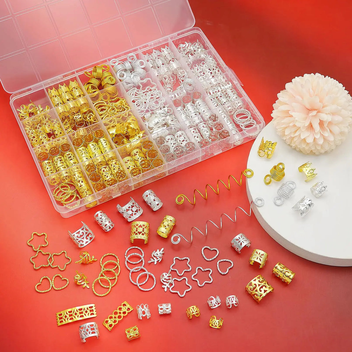 260Pcs/box Gold Silver Hair Beads Jewelry Braid Accessories Hair Clips Dreadlocks Braiding Braid Cuffs Metal Hair Rings Charms