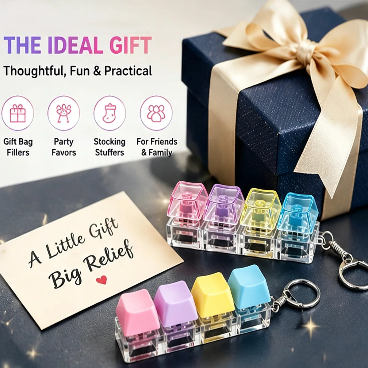 HSF Marketplace keyboard keychain fidget toy, crystal clicker sensory toy for stress relief, ideal for adults and kids.