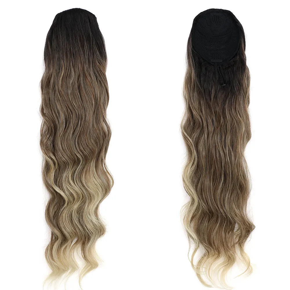 28-inch synthetic body wave drawstring ponytail with ombre brown and blonde highlights by HSF Marketplace