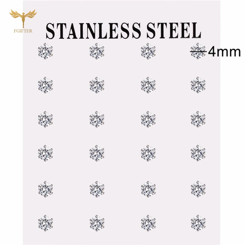 12 pairs white crystal stud earrings set, 2–7mm round and square zircons with golden stainless steel posts