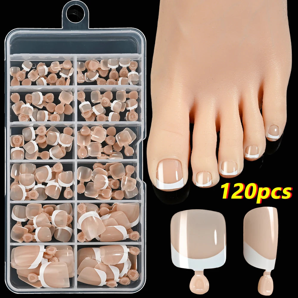 HSF Marketplace pink French tip press-on toenails, square shape, short glossy false nails set, 120-piece box
