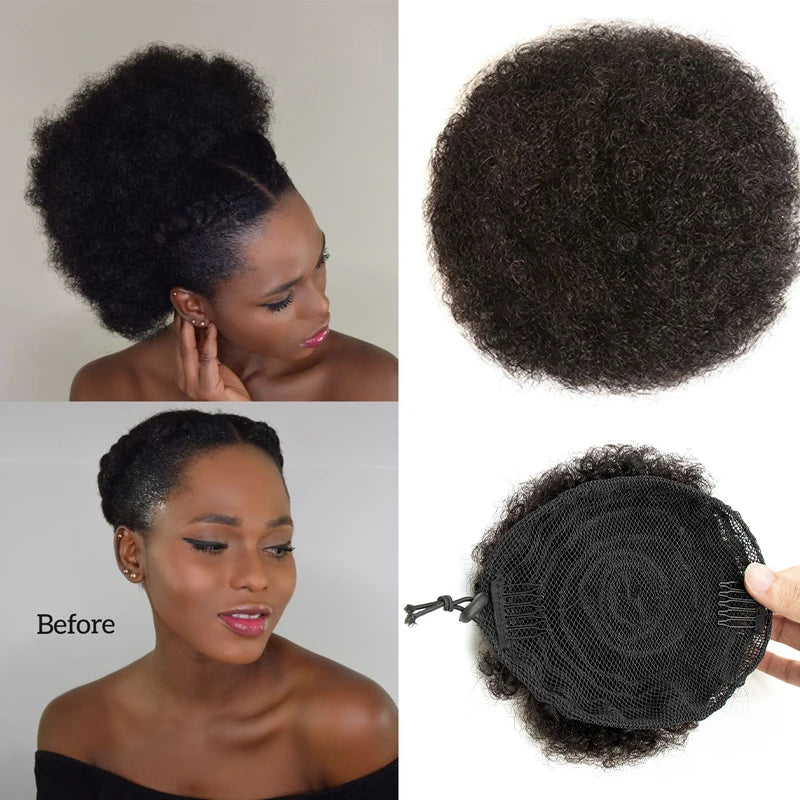 Afro kinky curly human hair chignon ponytail drawstring high bun hairpiece for Black women, 4–8 inch