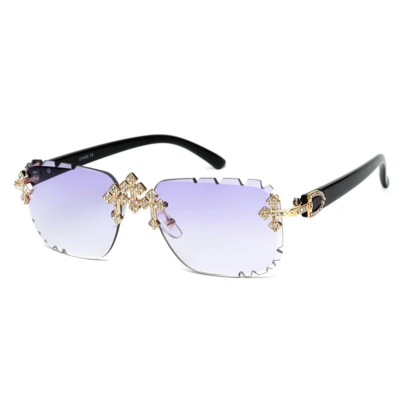 Luxury HSF Marketplace 2026 rimless square sunglasses for women with rhinestone details, UV400 protection, and trendy diamond-cut lenses.