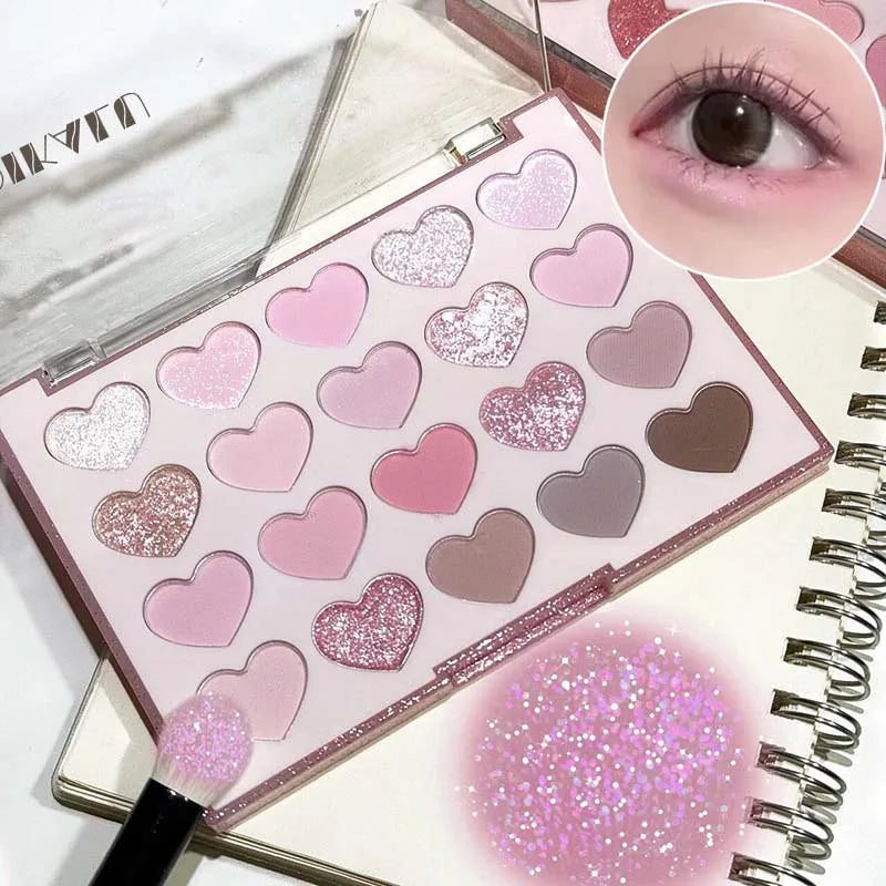 Pink heart-shaped 20-color eyeshadow palette with pearl glitter purple eyeshadow and pink blusher